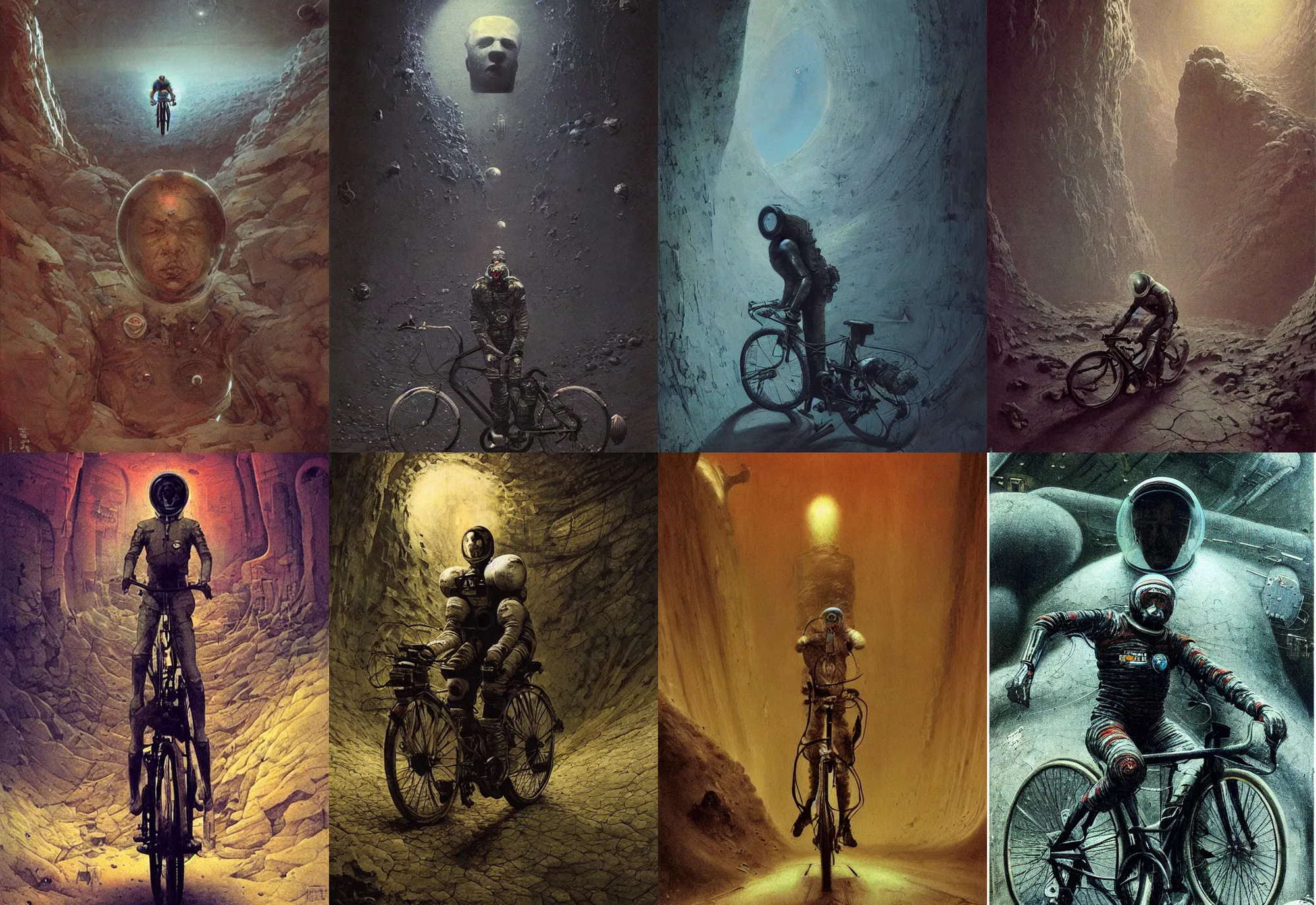 Prompt: portrat soviet cosmonavt on bike in the dirty cave, space travel, art by beksinski and stephan martiniere, japan poster, fatal, singularity