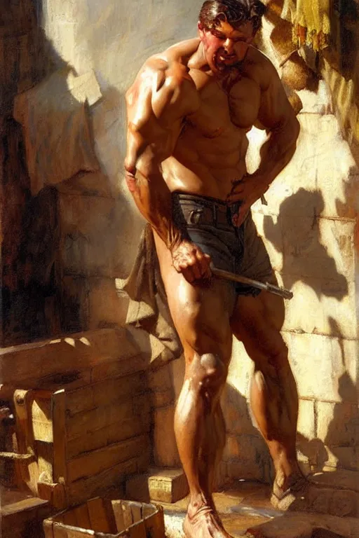 Image similar to muscular sweaty male blacksmith, forgehouse painting by gaston bussiere, craig mullins, j. c. leyendecker, tom of finland