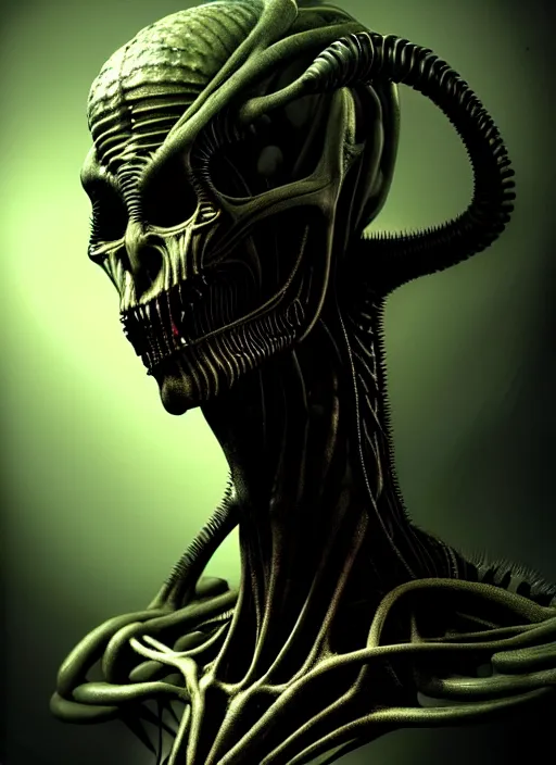 Prompt: ultra realist horror painting of a dimly back lit alien hellish creature, very intricate details, focus, model pose, full frame image, artstyle h r giger and craig mullins, award winning