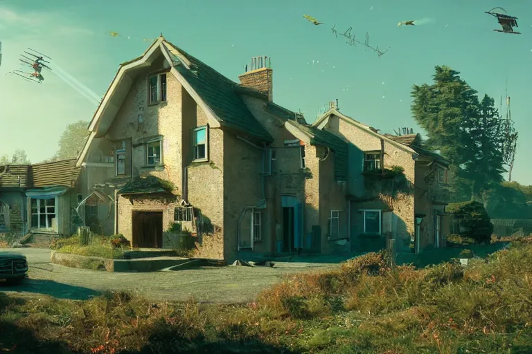 Image similar to cyberpunk, an estate agent listing external photo of a 5 bedroom detached house in the countryside, robots, sunny day, clear skies, by Paul Lehr, highly detailed, photorealistic, 8k, anamorphic, cinestill cinematrography