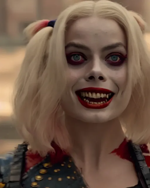 Image similar to gorgeous suicide squad margot robbie that looks like harley quinn, long blonde hair and big eyes, beautiful smile, finely detailed perfect face, standing on the wet street at sunset, a movie directed by christopher nolan, movie still frame, promotional image, imax 7 0 mm footage