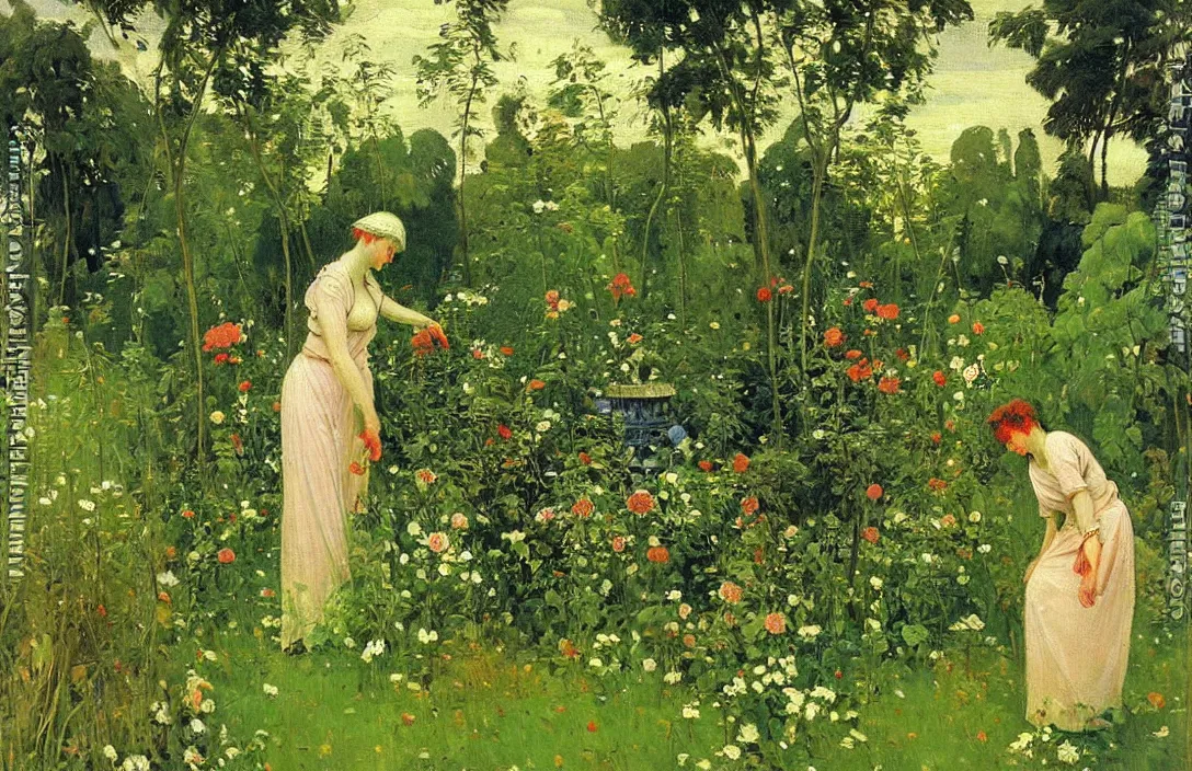 Image similar to garden idyll surviving painting emerging from lush greenery value contrast is used to focus our attention on the subject complexion painting by victor vasnetsov