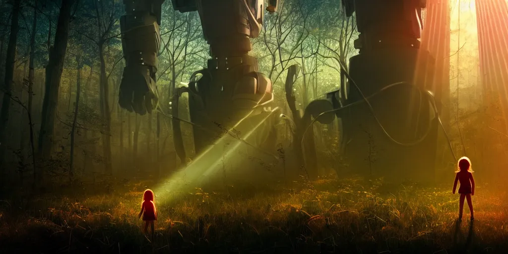 Image similar to sci - fi scene future new york, little girl holding a hand of a big robot, forest punk, crepuscular rays, epic scene, hyper realistic, photo realistic, overgrowth, cinematic atmosphere, ethereal lighting,