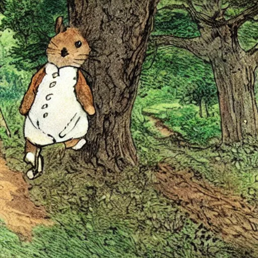 Prompt: A sign nailed to a tree next to the path which reads: The Hopping Trail. This way to adventure! illustration by Beatrix Potter