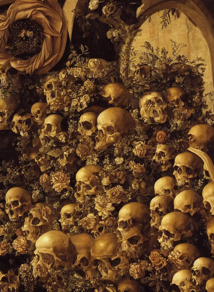 Image similar to portrait of hall of ossuary with a caves and marble skulls with a wreath of gold roses and a dress of gold rose petals , oil painting in a renaissance style , very detailed, painted by Caravaggio.