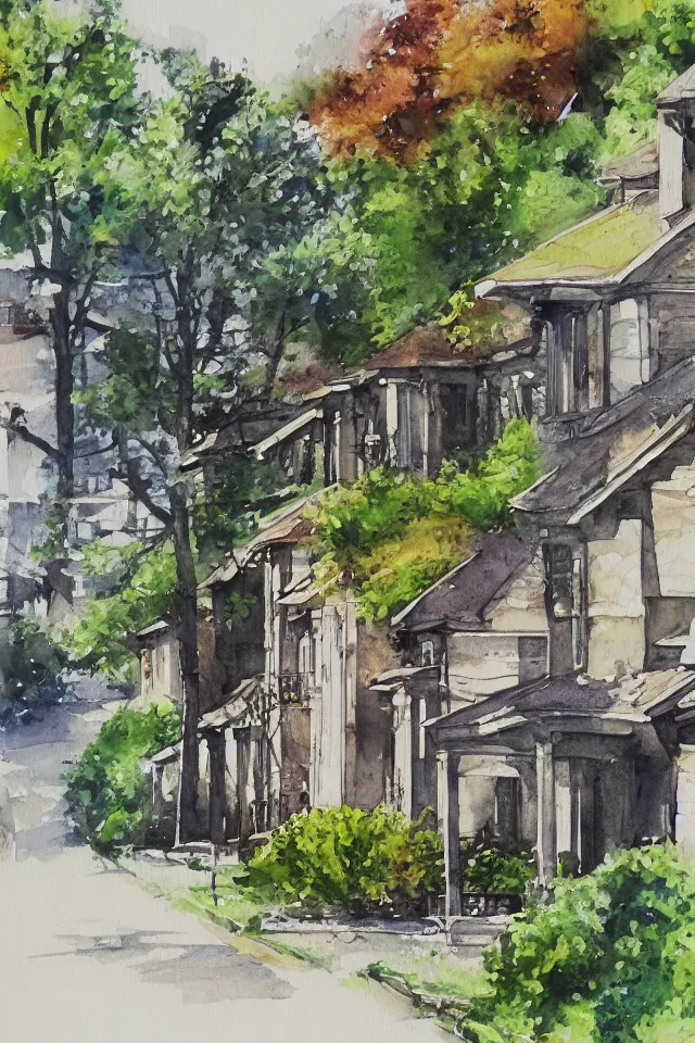 Image similar to street lined with old residential houses summer watercolor by arti chauhan trending on artstation