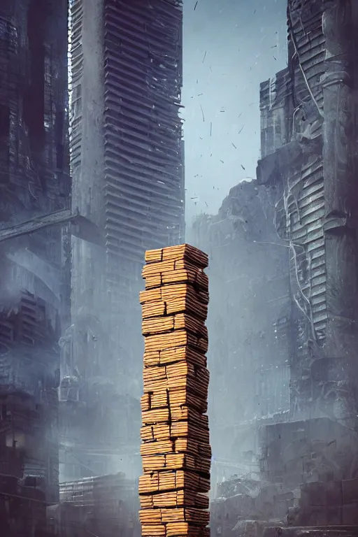 Image similar to A dystopian future in a city made of life-size Jenga blocks, evil, demonic, angelic, environment concept, Rendered in Octane, trending on artstation, cgsociety, moody lighting rendered by octane engine, environment 8K artstation, cinematic lighting, intricate details, 4k detail post processing, hyperealistic, octane render, photo realism