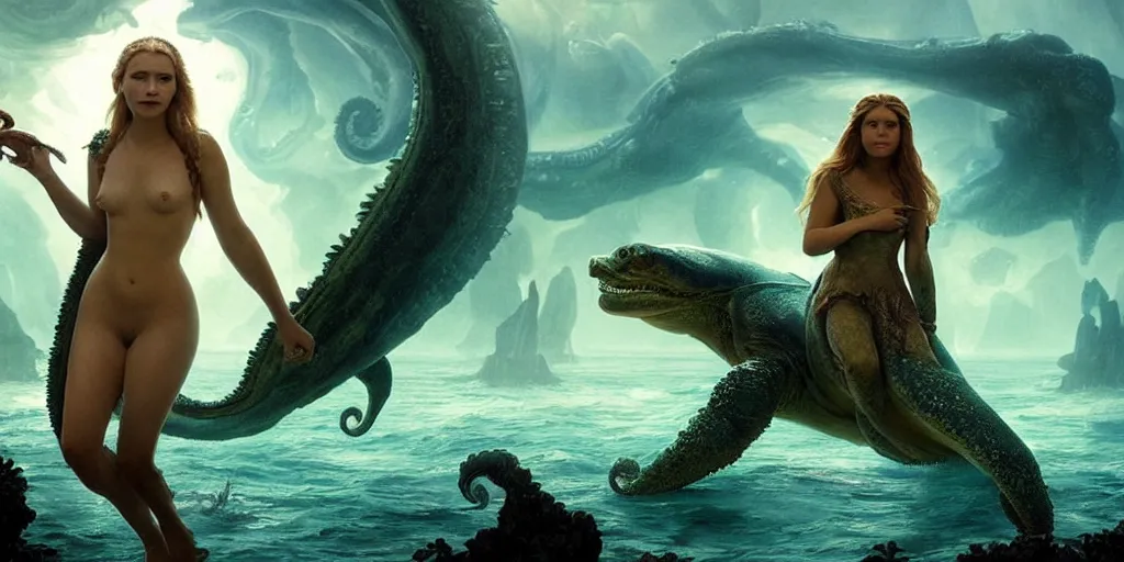 Image similar to Fantasy fairytale story, Great Leviathan Turtle, cephalopod, Cthulhu Squid, Mysterious Island, center Universe, accompany hybrid, Cory Chase, Blake Lively, Anya_Taylor-Joy, Grace Moretz, Halle Berry, Mystical Valkyrie, Anubis-Reptilian, Atlantean Warrior, intense fantasy atmospheric lighting, hyperrealistic, William-Adolphe Bouguereau, François Boucher, Jessica Rossier, Michael Cheval, michael whelan, Cozy, hot springs hidden Cave, Forest, candlelight, natural light, lush plants and flowers, Spectacular Mountains, bright clouds, luminous stellar sky, outer worlds, Solar Flare Unreal Engine, HD,