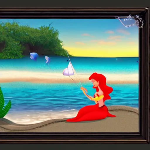 Prompt: the little mermaid fishing on the beach, 3D by pixar studio