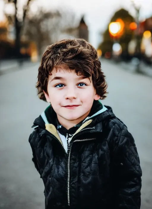 Prompt: a personal close up portrait of a 4 year old man from switzerland, his hair is brown and short, his eyes are green, his face is symmetric and friendly, he's proud to be where he is in life, black jacket, ambient light, beautiful composition, magazine photography, full frame, 5 0 mm, f 1. 8