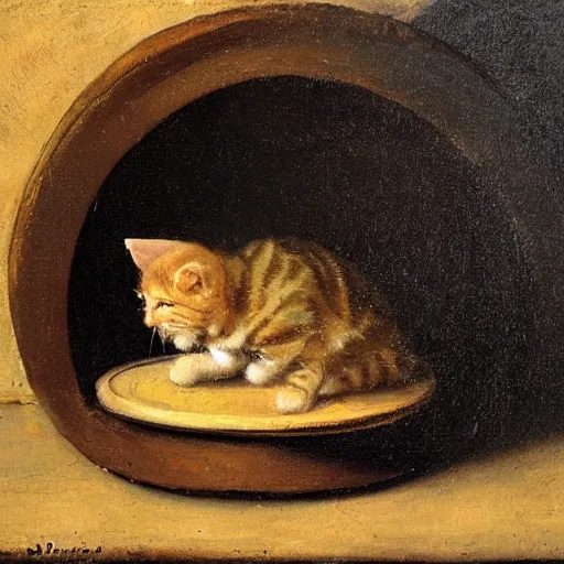 Prompt: Still life of a tabby kitten sitting on a wheel of Parmesan cheese by Rembrandt, oil-painting, dark background