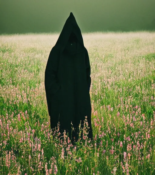 Prompt: tall hooded shadow person figure standing in beautiful meadow of flowers, film photo, grainy, high detail, high resolution