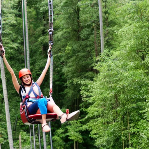 Image similar to cute girl riding zipline rollercoaster through the forest