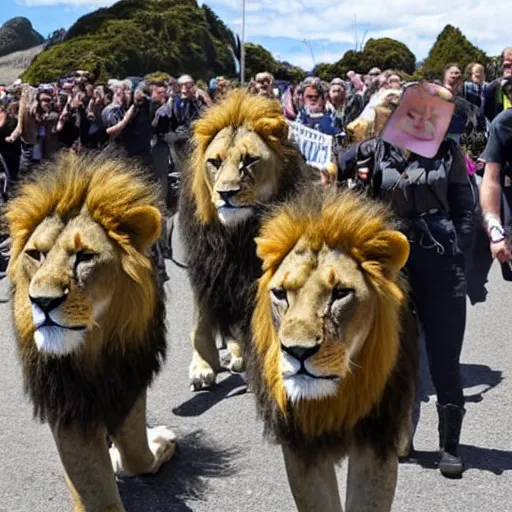 Image similar to New Zealand freedom protesters encounter a pride of lions. News footage.