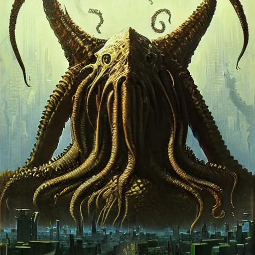 Image similar to human looking at big monstrosity portrait of Cthulhu, hyperdetailed, artstation, cgsociety, by Tyler Edlin and Jean Delville, by John Berkey and Filip Hodas