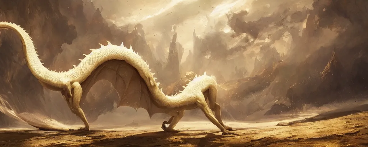 Image similar to a single long white oriental dragon without wings, long body, shiny, golden, landscape, by greg rutkowski, fantastic