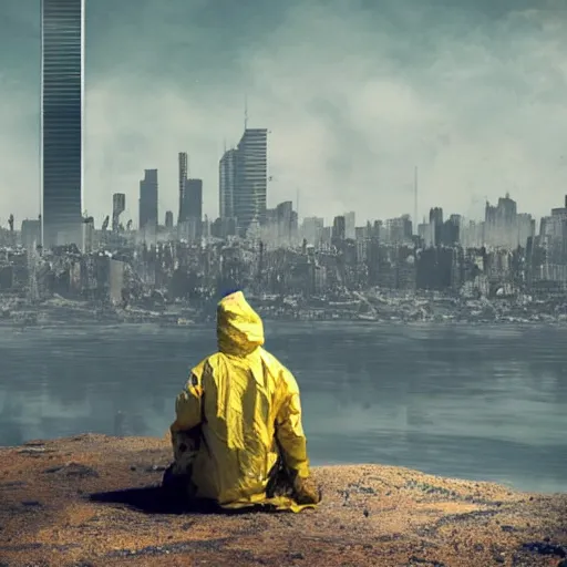 Image similar to a beautiful award-winning photo of the last man on Earth wearing a hazmat suit sitting near the flag of Argentina, serene idyllic post-nuclear background, a mirage of a skyline of a destroyed city, volumetric lighting, very high quality, extremely detailed, subtle visual noise, 8K