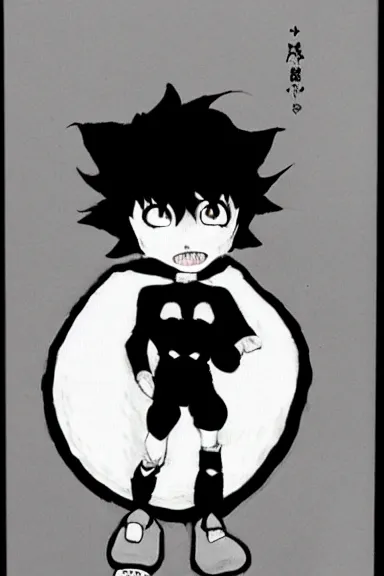 Image similar to attractive little boy in black cat suit, black and white artwork made by yoshihiro togashi,