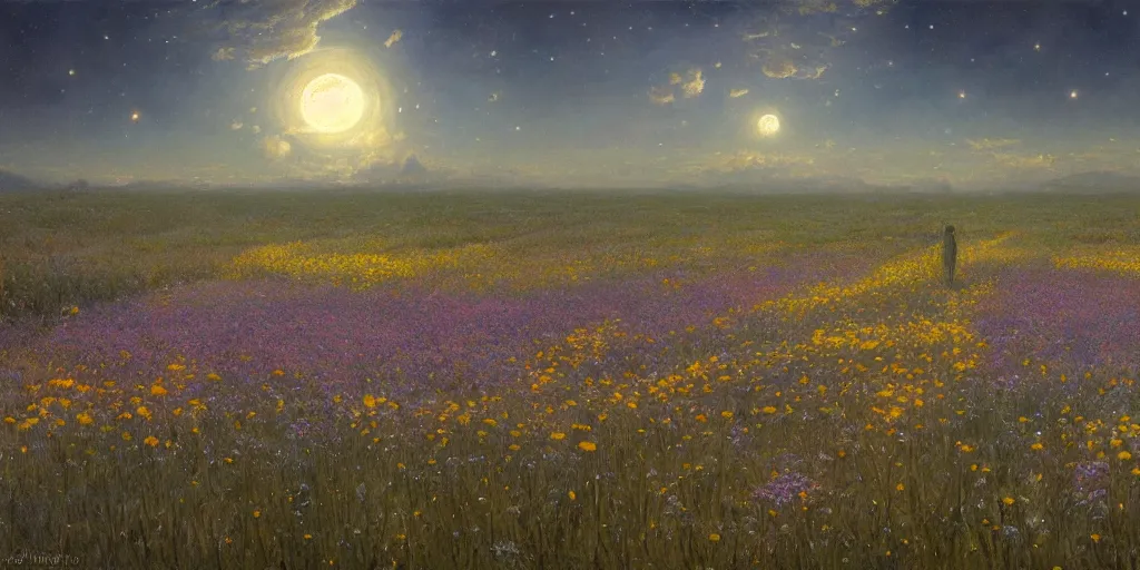 Prompt: field of flowers at night, lit by moonlight, grand landscape art by donato giancola and greg rutkowski, vintage retro, digital art, trending on artstation, symmetry!!, volumetric lighting