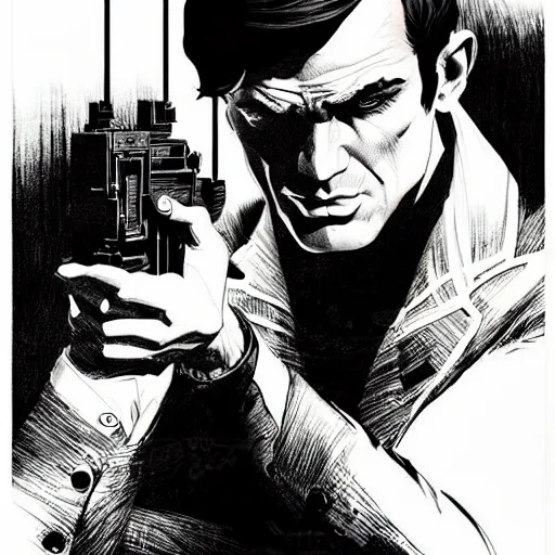 Prompt: male spy portrait dark dramatic light, by killian eng and joe fenton and bernie wrightson and conrad roset, inspired by james bond, etching, fine, sharp high detail,