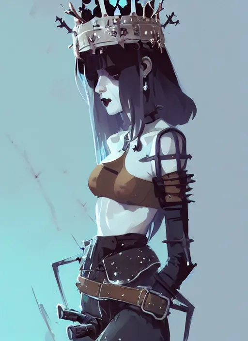 Image similar to portrait of cute goth maiden girl with crown of thorns and white short hairs, dressed in belts, warhammer, cyberpunk, by atey ghailan, by greg rutkowski, by greg tocchini, by james gilleard, by joe gb fenton, by kaethe butcher, dynamic lighting, gradient light blue, brown, blonde cream and white color in scheme, grunge aesthetic