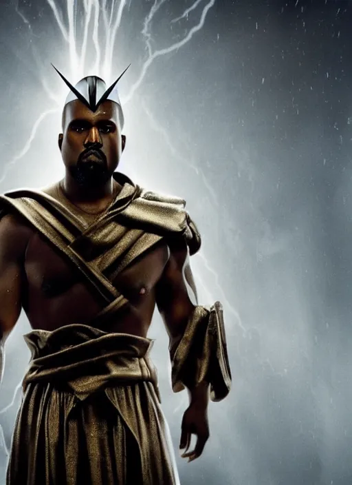 Image similar to kanye west as zeus!!!, god of thunder, greek god, white robe, thunderbolt, in mortal kombat, mythology, fantasy, detailed face, splash art, movie still, cinematic lighting, dramatic, octane render, long lens, shallow depth of field, bokeh, anamorphic lens flare, 8 k, hyper detailed, 3 5 mm film grain