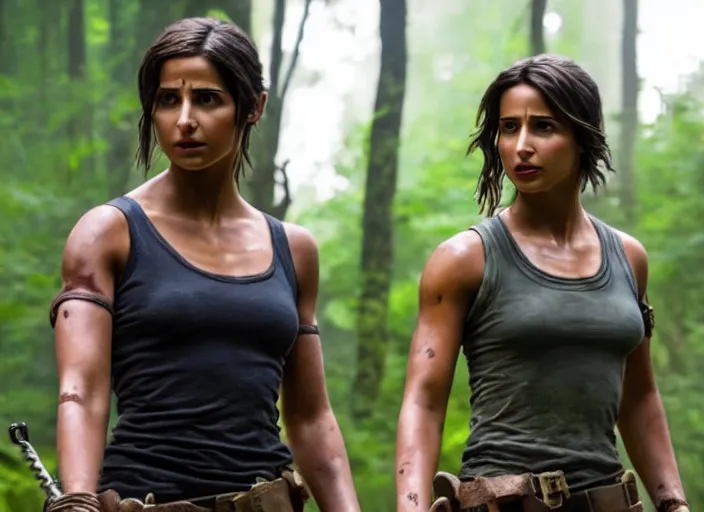 Image similar to film still of!!!! naomi scott!!! as lara croft in new tomb raider movie, 8 k