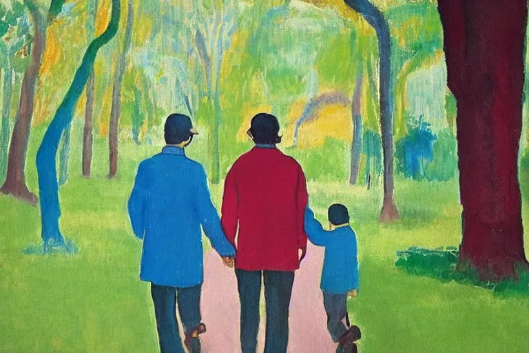 Image similar to a very tall man named John with dark hair holding the hands of a short young boy named Alex with dark hair as they walk in a park on a bright beautiful colorful day. part in the style of an edgar degas painting. part in the style of david hockney