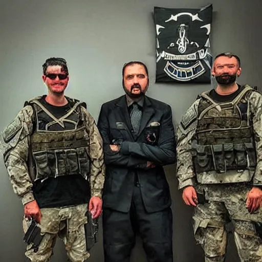 Image similar to “ seal team uniformed founding fathers, posing for an awarding winning photo of osama bin ladin, ultra realist, tactical gear, cyber punk ”