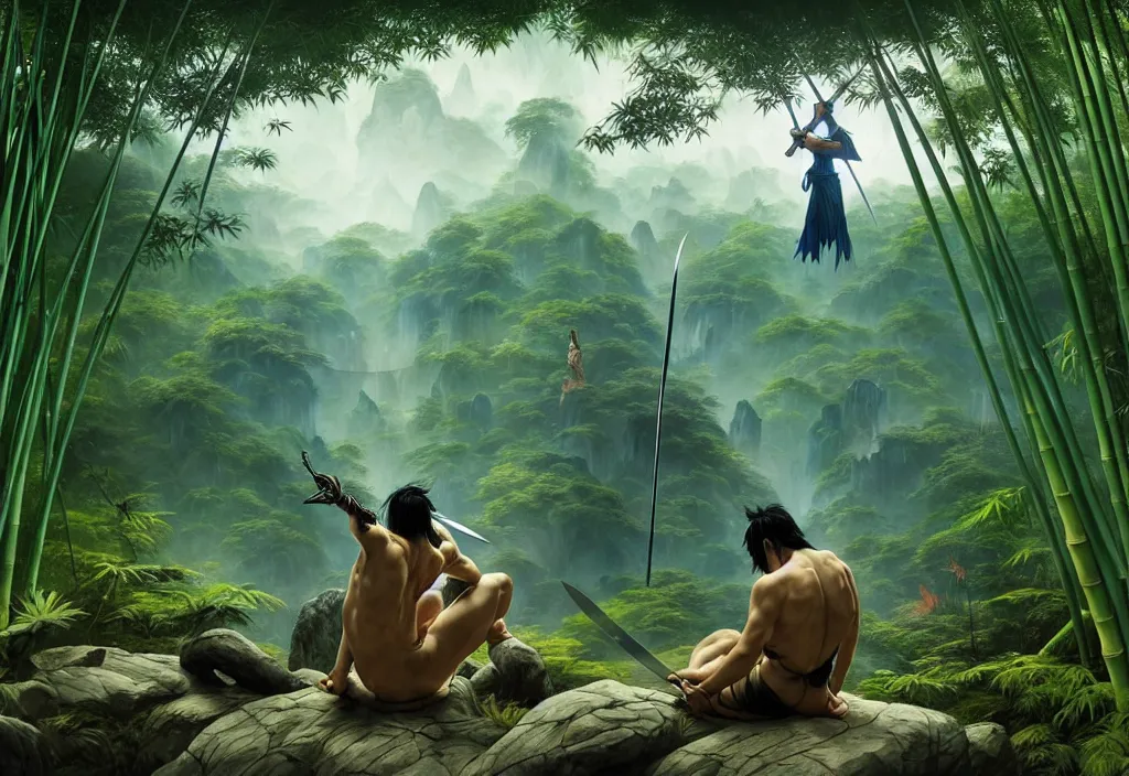 Image similar to yasuo the ancient swordsman gazing upon the world he has created while its raining in a bamboo forest, futuristic sci fi landscape background by denis villeneuve, monia merlo, yves tanguy, ernst haeckel, alphonse mucha, max ernst, caravaggio, roger dean, sci fi necklace, masterpiece