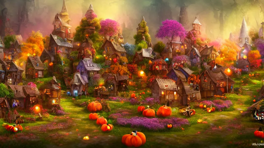 Prompt: village made out of candy!!!!!!, cinematic scene, studio lighting, colorful, fantasy, intricate, forest, fireflies, flowers, halloween, fairytale, ( visually stunning, matte painting, concept art, medium shot, trending on artstation )