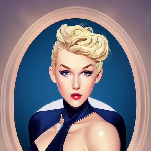 Prompt: a beautiful pin - up portrait of a beautiful cute superhero woman, blonde hair, matte navy - blue bodysuit, white cape, intricate, elegant, 8 k, highly detailed, digital painting, concept art, smooth, sharp focus, illustration, anime, artgerm and loish and wlop and alphonse mucha