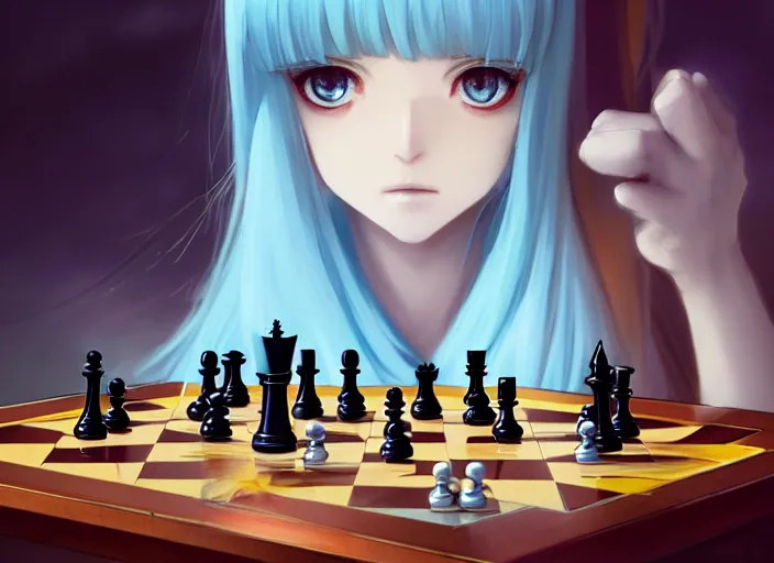 Image similar to rimuru playing chess, with amber eyes of golden colored eyes, straight hair, sky blue hair, long bangs, high collar, concept art, award winning photography, digital painting, cinematic, by wlop, anime key visual, wlop, 8 k, by ross tran, tom bagshaw, andy warhol