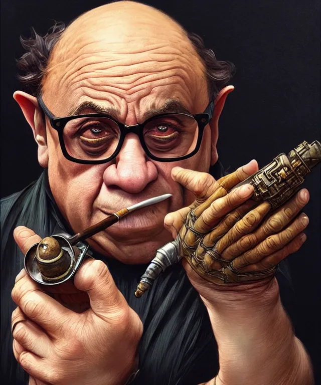 Image similar to danny devito as a fantasy goblin smoking a pipe, portrait, fantasy, intricate, elegant, highly detailed, digital painting, artstation, concept art, smooth, sharp focus, illustration, art by artgerm and greg rutkowski and alphonse mucha