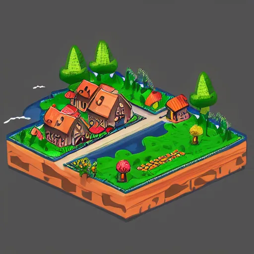 Prompt: an isometric picture of a cute little village, anthropomorphism, nature colors, trending on artstation