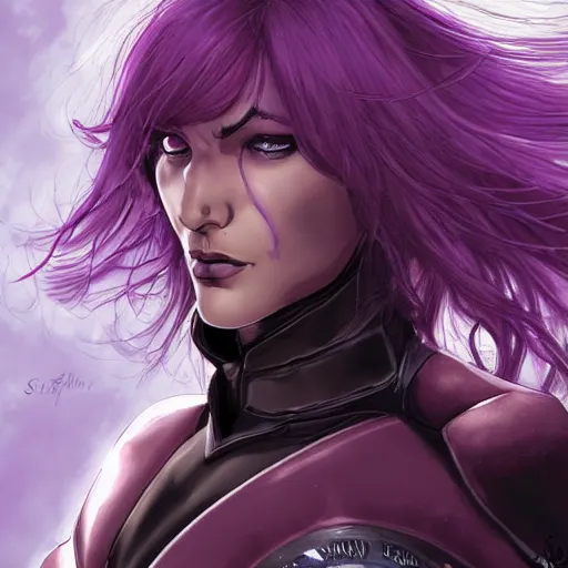 Image similar to extreme close up portrait, pale woman with flowing purple hair in rusty sci - fi power armor, high detail, stoic, elegant, by stjepan sejic, sunstone, dc comic, marvel comic