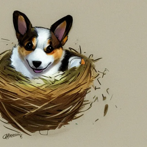 Image similar to concept art of a baby corgi emerging from an egg that looks like a tennis ball in a nest, realistic, detailed, cel shaded, in the style of makoto shinkai and greg rutkowski and james gurney