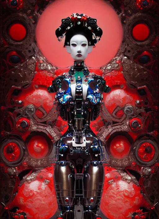 Prompt: portrait of a organic seductive cybernetic latex geisha mecha, imari, modern fine art, fractal, in the style of ghosts in the machine, intricate ornaments, elegant, highly detailed, digital photography, subsurface scattering, by greg rutkowski,