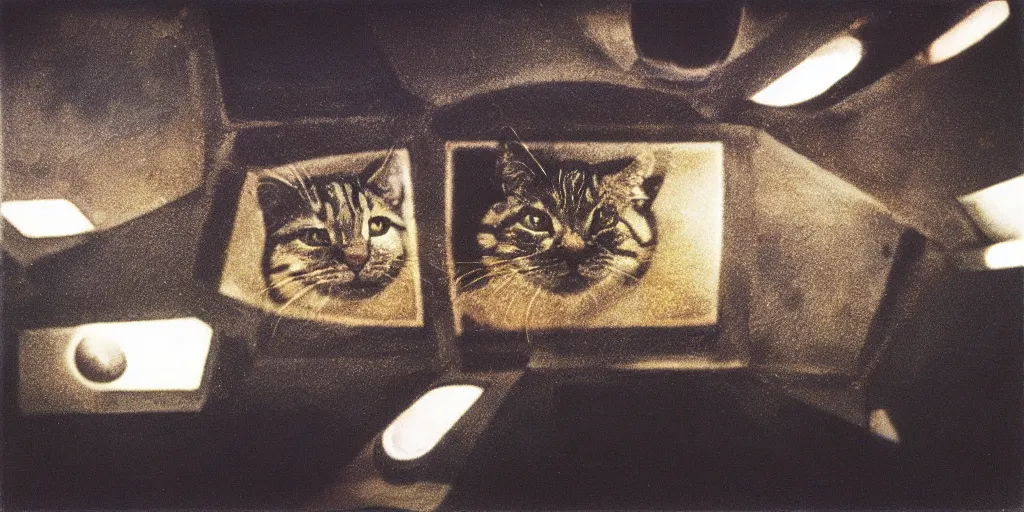 Image similar to detailed medium format photo, polaroid still from tarkovsky movie, a cat at the controls of a 1 9 7 0's spaceship, haze, high production value, intricate details, 8 k resolution, hyperrealistic, hdr, photorealistic, high definition, tehnicolor, award - winning photography, masterpiece, amazing colors