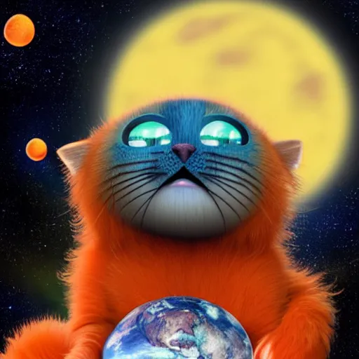 Prompt: A fuzzy orange cat sitting on planet earth, space with stars in the background, Tim Burton’s Art Style