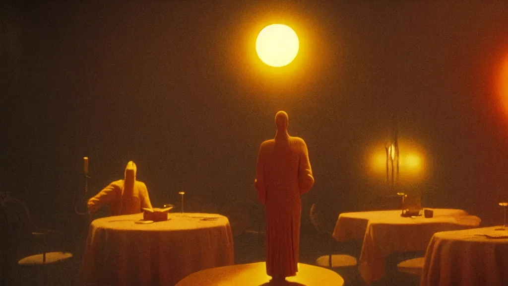 Prompt: the bright sun creature in the restaurant, film still from the movie directed by denis villeneuve and david cronenberg with art direction by zdzisław beksinski and dr. seuss