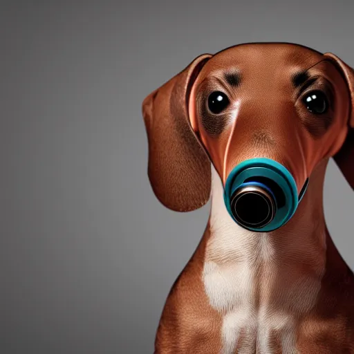 Prompt: photo of a puppy wiener dog, gas mask. photo, award winning. Octane render, 4k, 8k, unreal 5, very detailed, hyper control-realism, depth of field.