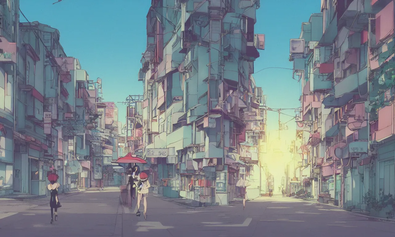 Image similar to A cute aesthetic still frame from an 80's anime, Studio Ghibili, Kyoto animation studio, minimal street in Japan with lush plants, sun set, tall buildings, girl walking with umbrella