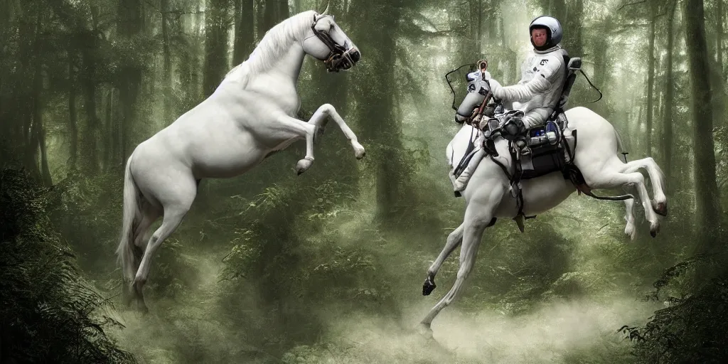 Image similar to an astronaut riding on the back of a white horse through a forest, a detailed matte painting by frieke janssens, featured on cgsociety, fantasy art, matte painting, reimagined by industrial light and magic, matte drawing