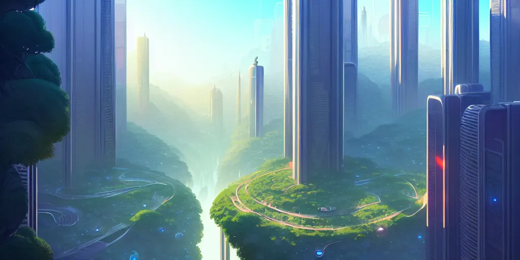 Image similar to futuristic city with tall shiny marble buildings in an evergreen valley, several waterfalls, landscape, global illumination, morning light, radiant light, bird's eye view, by lois van baarle, ilya kuvshinov, rossdraws, tom bagshaw