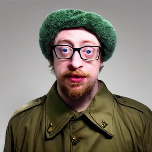 Image similar to professional head shot of sam hyde wearing a soviet military ushanka, very detailed, very intricate, detailed face,