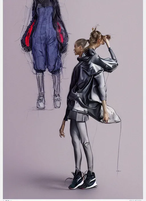 Image similar to a fashion illustration of a futuristic tennis girl wearing yeezy 5 0 0 sneakers and an anorak designed by balenciaga by brian froud and frank frazetta