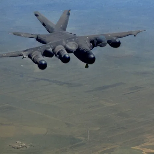 Image similar to b 5 2 bomber dropping bananas as bombs, aerial photography