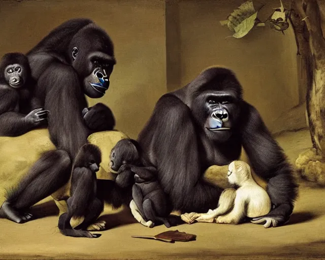 Prompt: gorilla family by pieter claesz