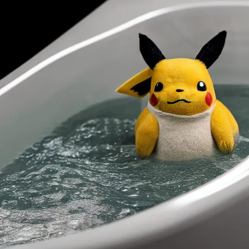 Prompt: photographic portrait by Annie Leibovitz of pikachu in a hot tub, closeup, foggy, sepia, moody, dream-like, sigma 85mm f/1.4, 15mm, 35mm, 4k, high resolution, 4k, 8k, hd, full color